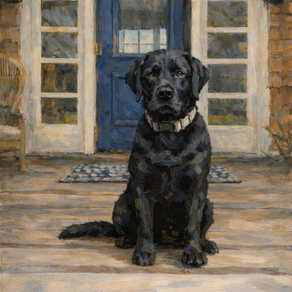Black dog sitting on a wooden deck in front of a blue door.